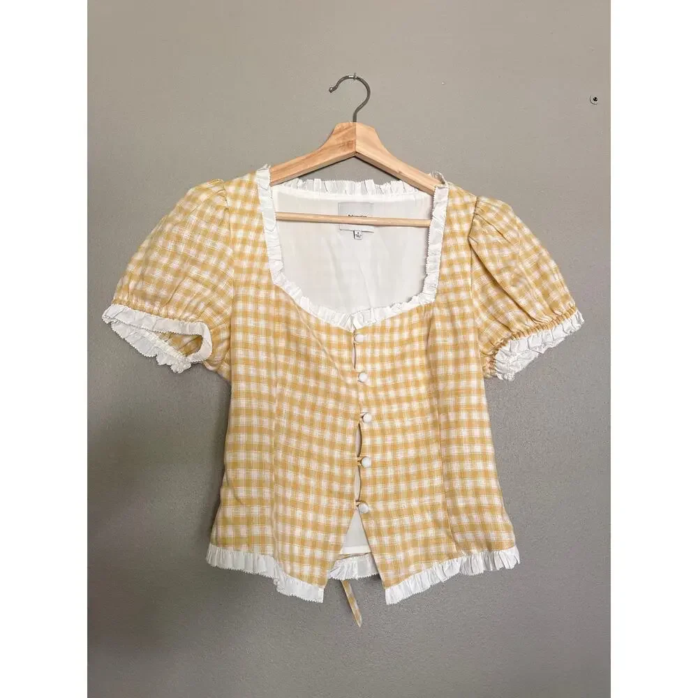 REFORMATION Rosemary Linen Top in Sunshine Check Size 6